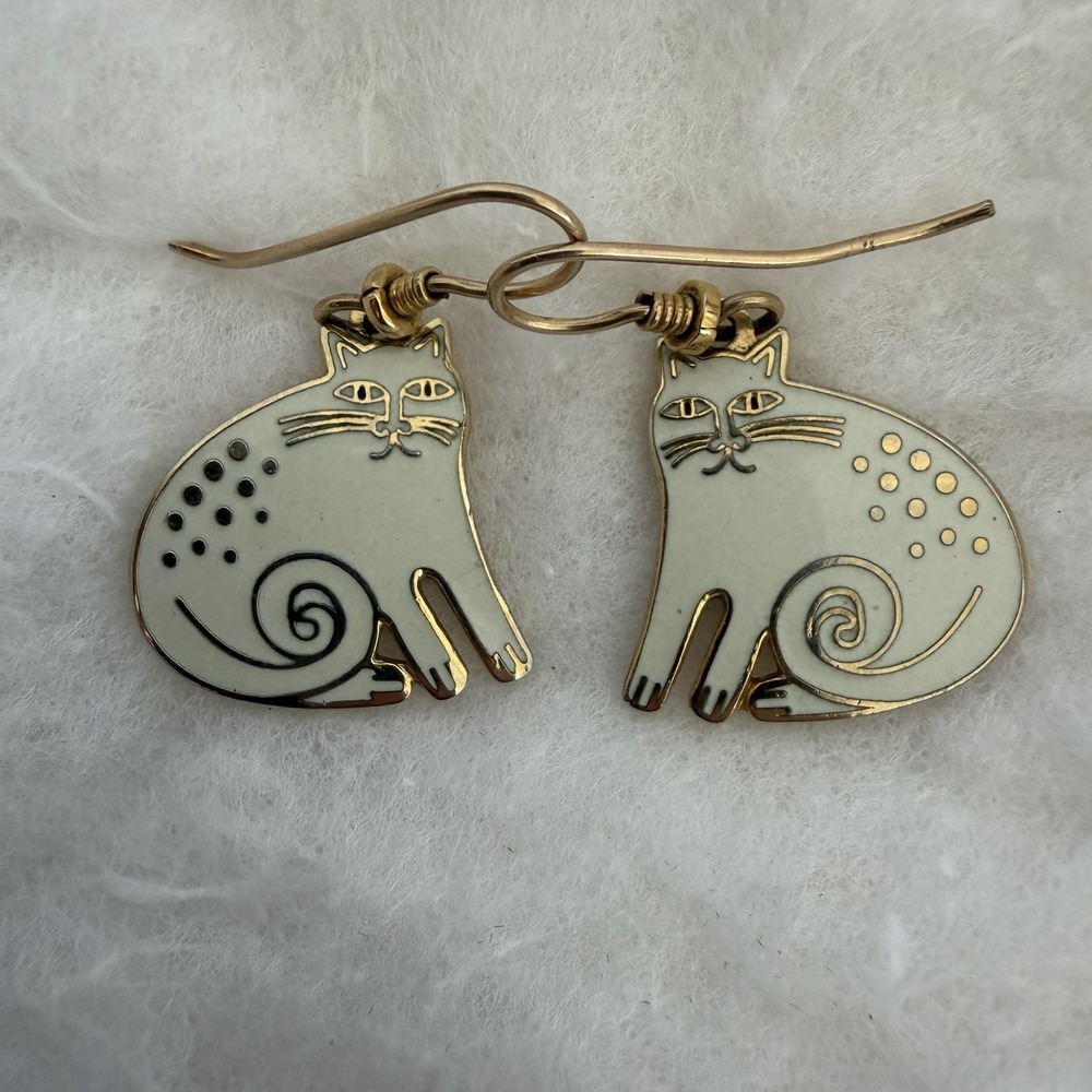 Vintage Laurel Burch Keshire Cat White Enamel Gold Tone Dangle Earring Cat Lady